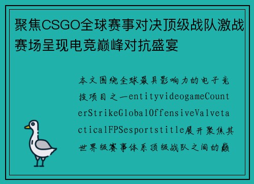 聚焦CSGO全球赛事对决顶级战队激战赛场呈现电竞巅峰对抗盛宴